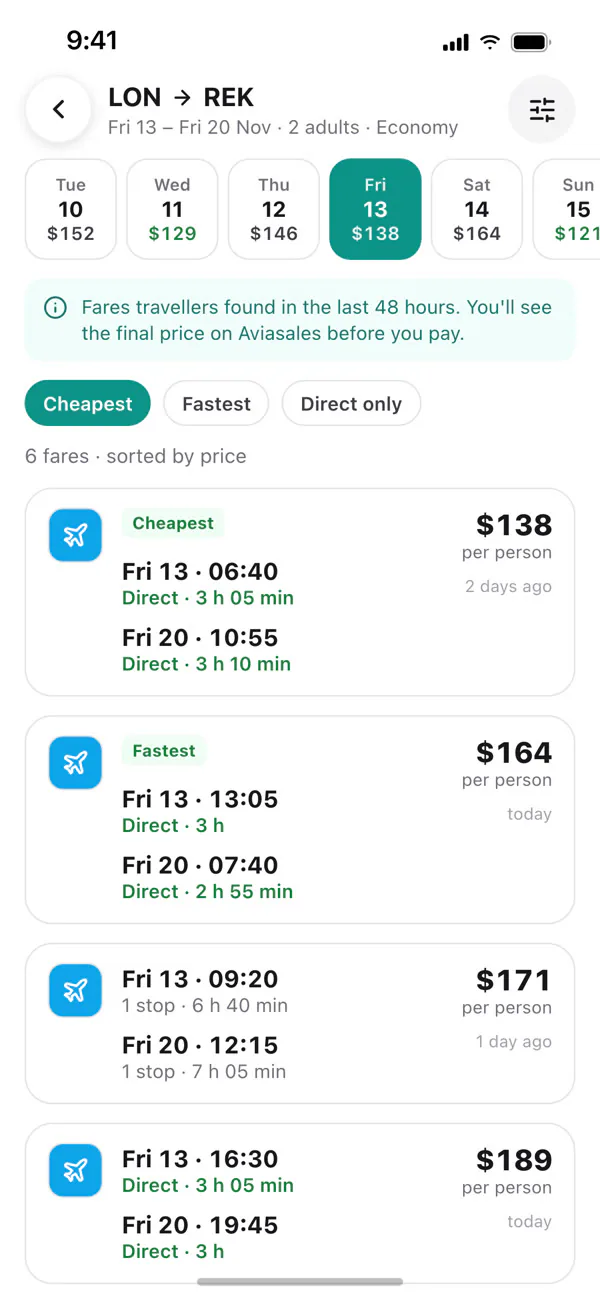 Flight results sorted by price