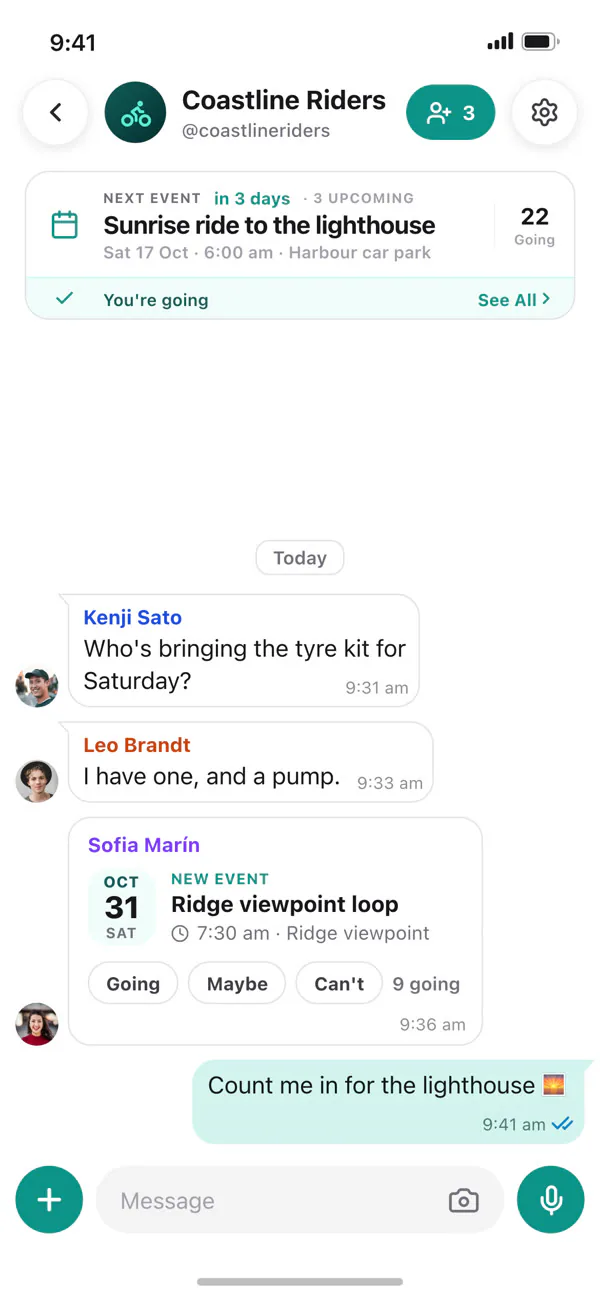 A club chat with the next event on top and RSVPs