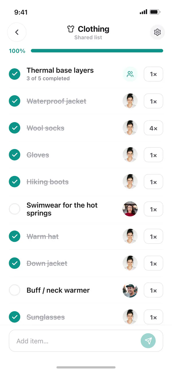 A shared packing list with people assigned