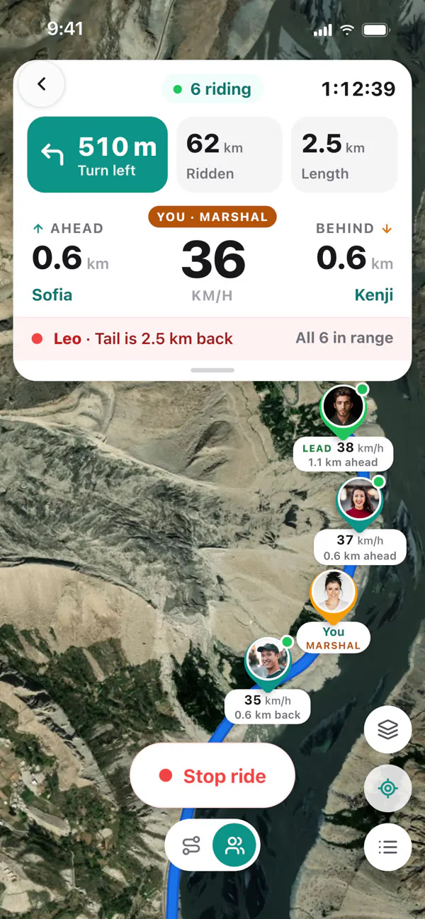 A live ride map with every rider, the lead and the tail