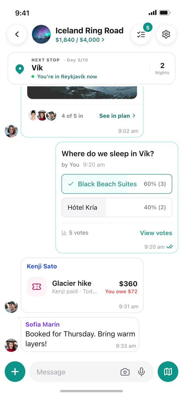A trip chat with an idea everyone joined, a poll and a shared cost
